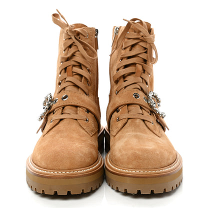 Jimmy Choo Suede Crystal Embellished Cora Flat Combat Boots 40 Caramel 2 of 8