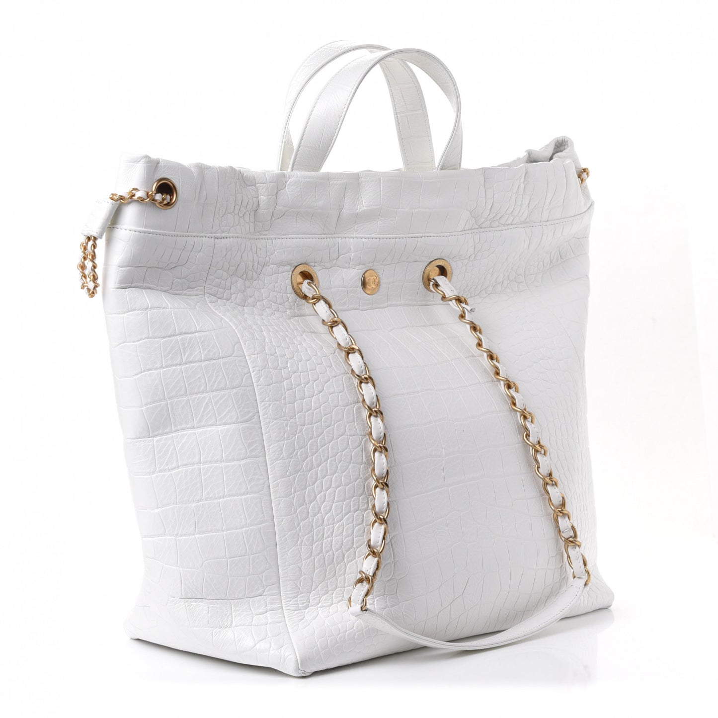 Calfskin Crocodile Embossed Large Cocodile Shopping Tote White