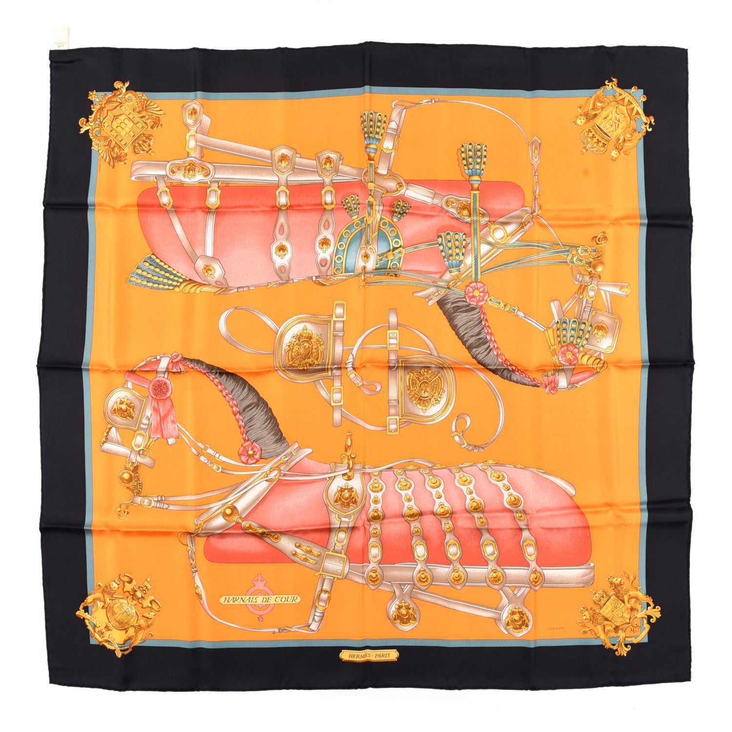 Hermes Silk Harnais De Cour Scarf 90 Black Orange Rouge 1 of 6