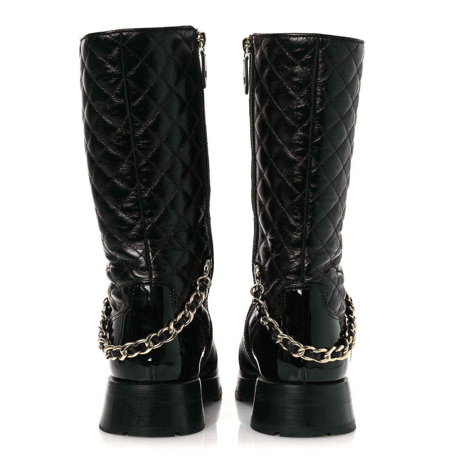 Chanel Shiny Calfskin Patent Quilted Chain Lace Up Combat Long