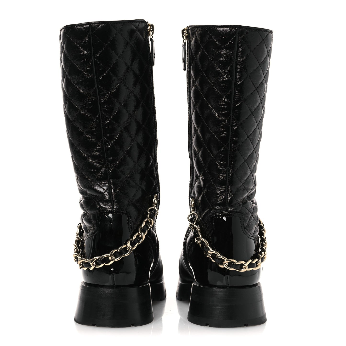 Shiny Calfskin Patent Quilted Chain Lace Up Combat Long Boots 37 Black