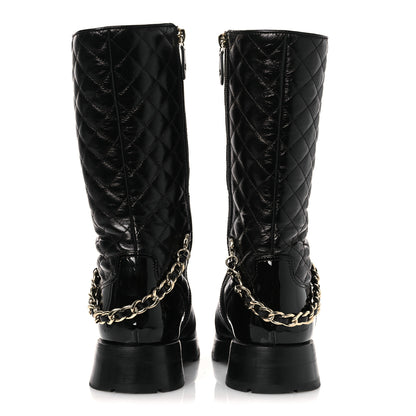 Chanel Shiny Calfskin Patent Quilted Chain Lace Up Combat Long Boots 37 Black 6 of 11