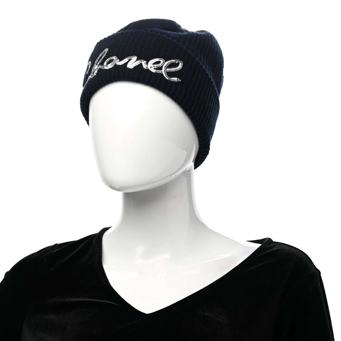 Cashmere Sequin Logo Beanie Hat Navy Blue