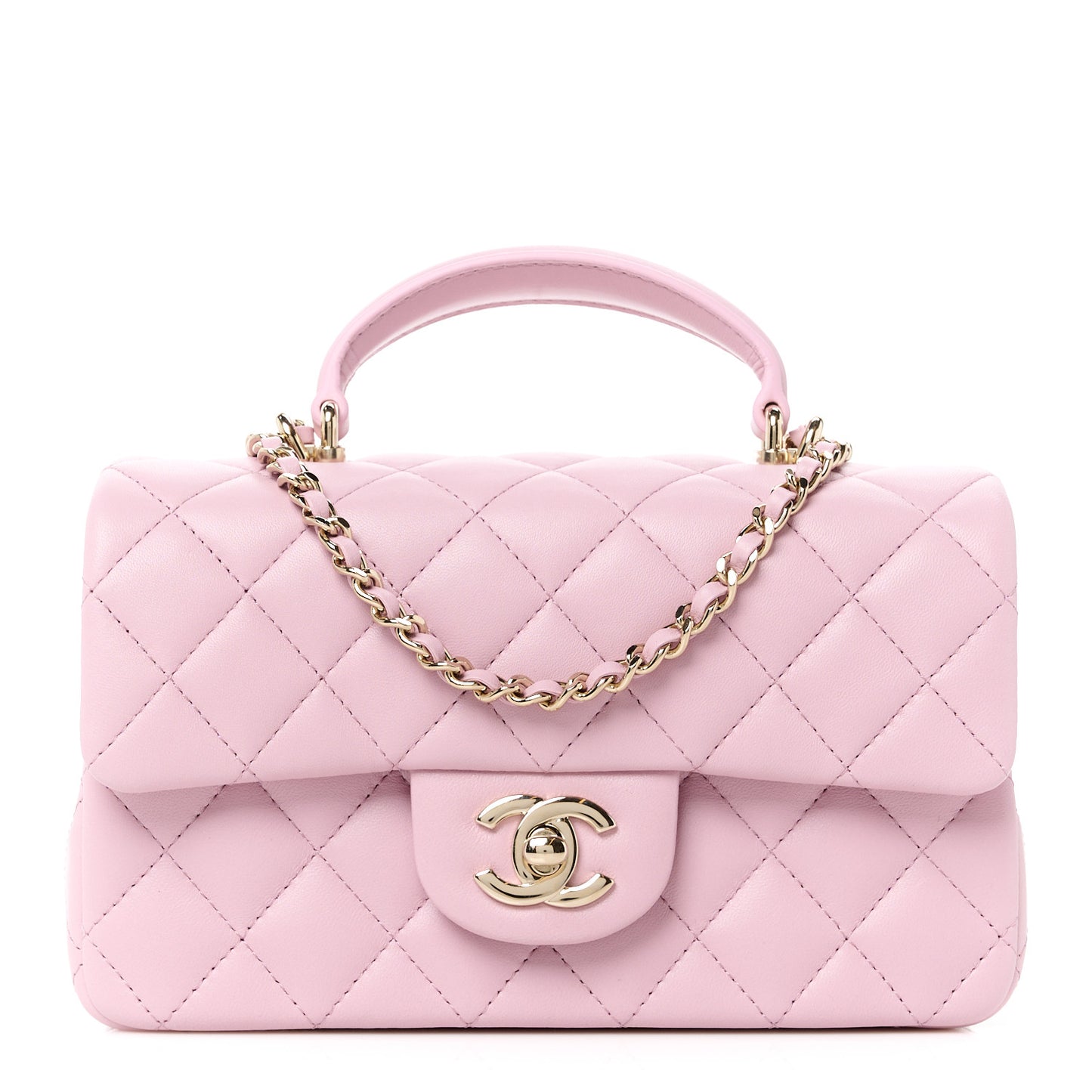 Lambskin Quilted Mini Top Handle Rectangular Flap Pink