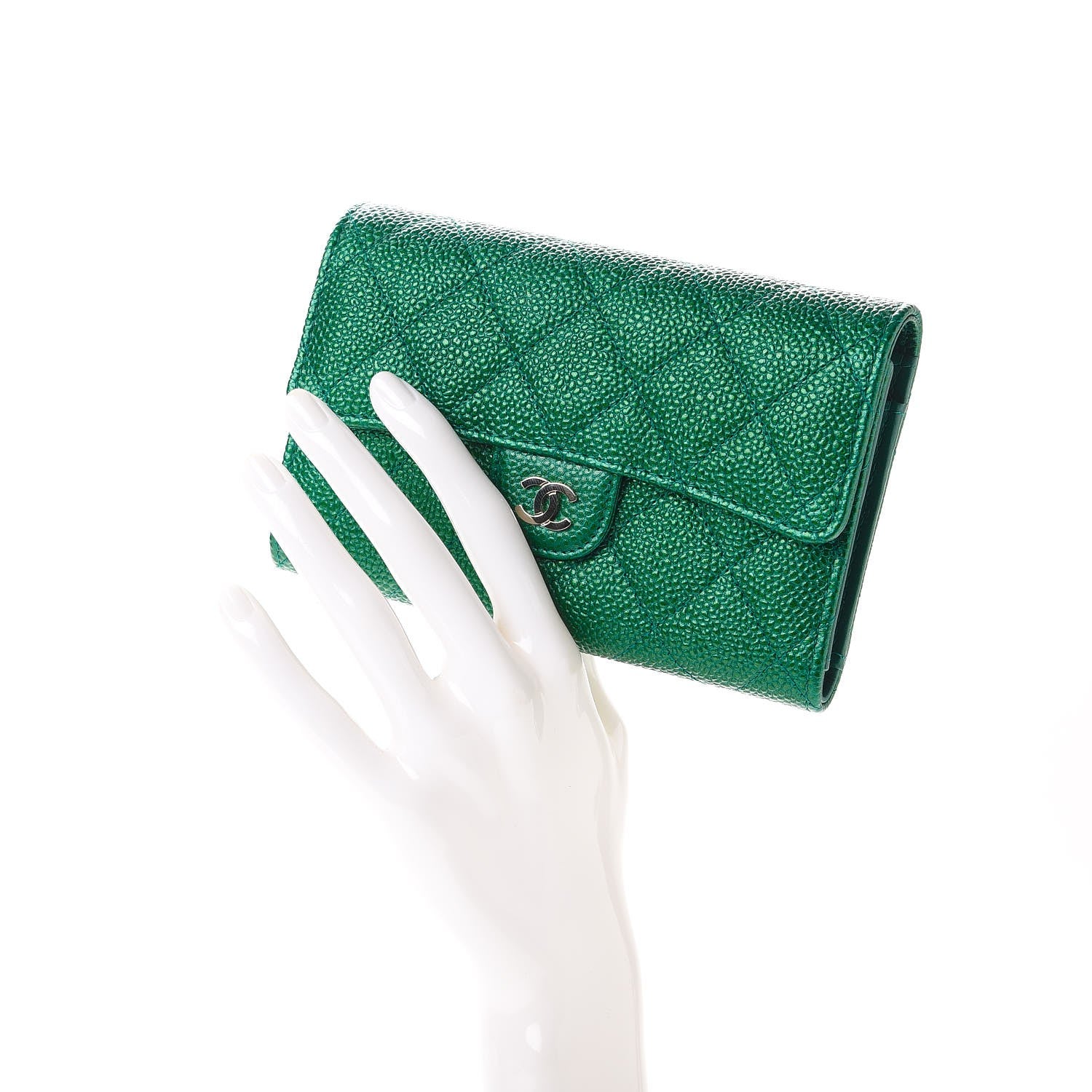 Chanel Metallic Caviar Quilted Medium Flap Wallet Green 2 of 9