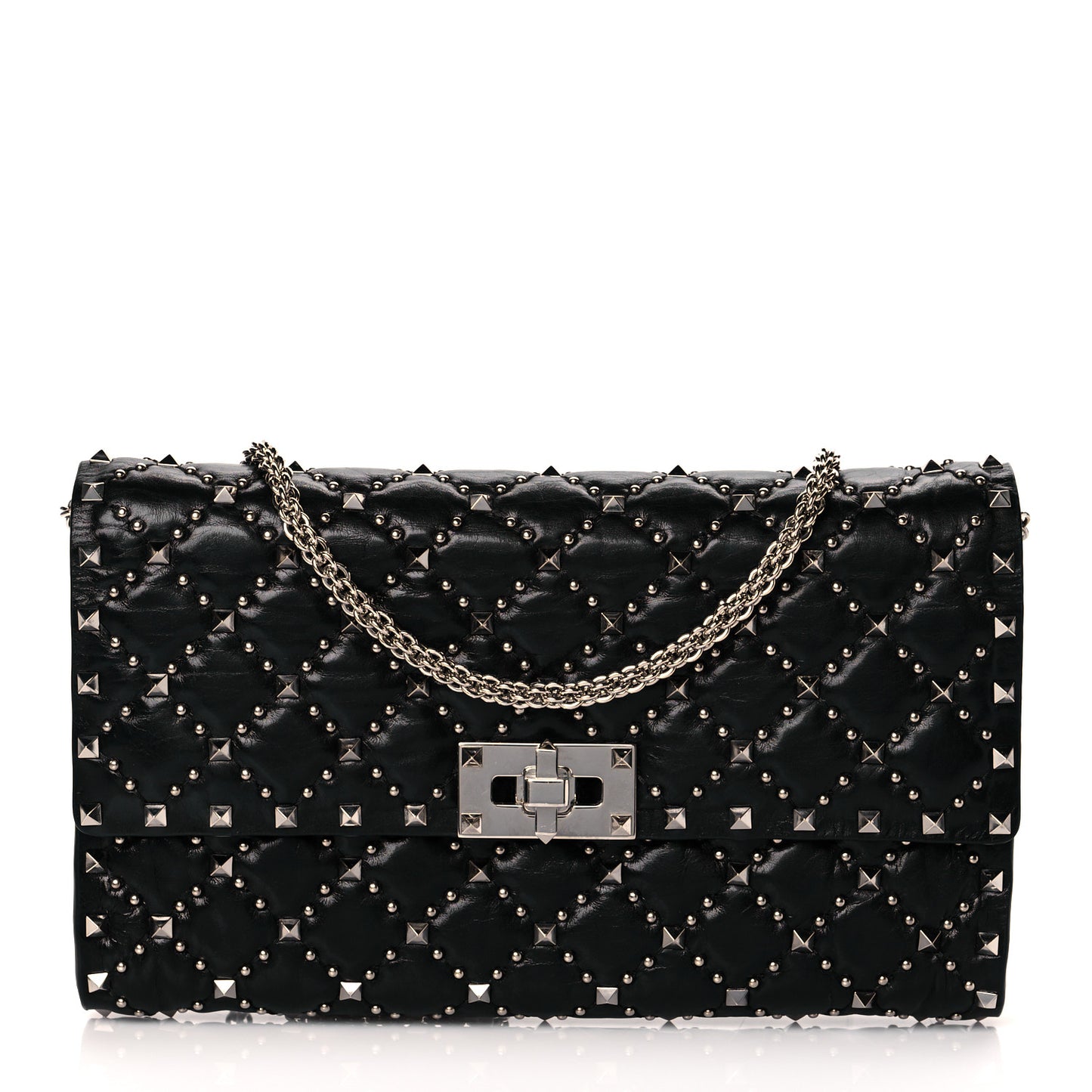 Lambskin Rockstud Spike Wallet on Chain Black
