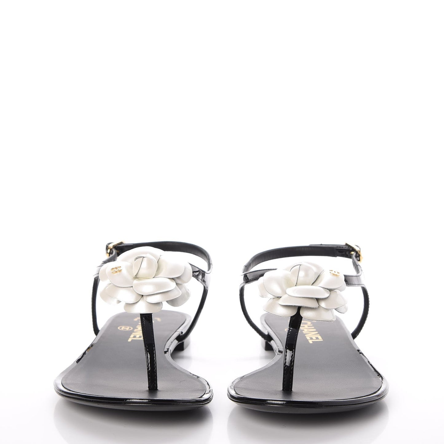 Patent Calfskin Camellia Thong Sandals 40 Black White