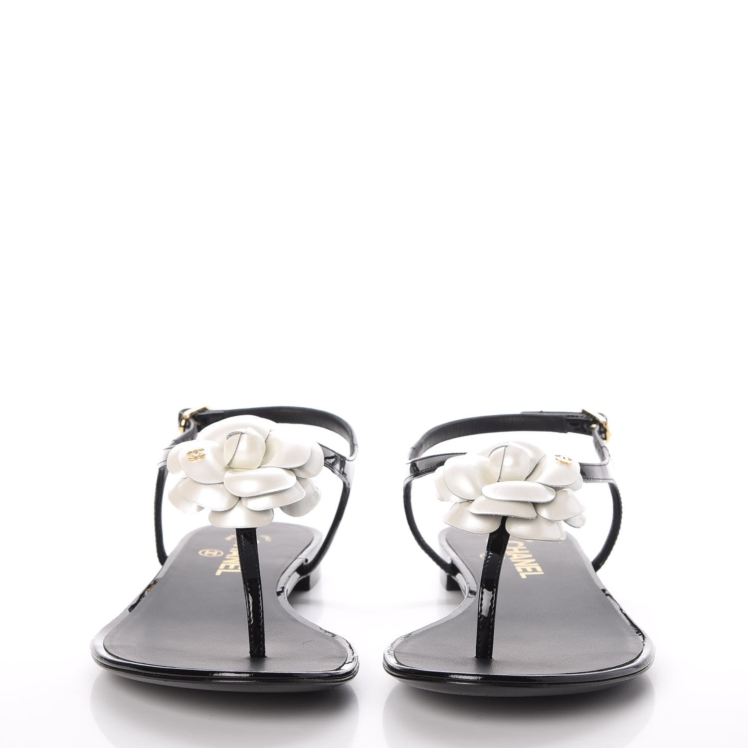 Chanel Patent Calfskin Camellia Thong Sandals 40 Black White 2 of 14