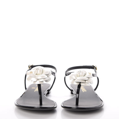 Chanel Patent Calfskin Camellia Thong Sandals 40 Black White 2 of 14