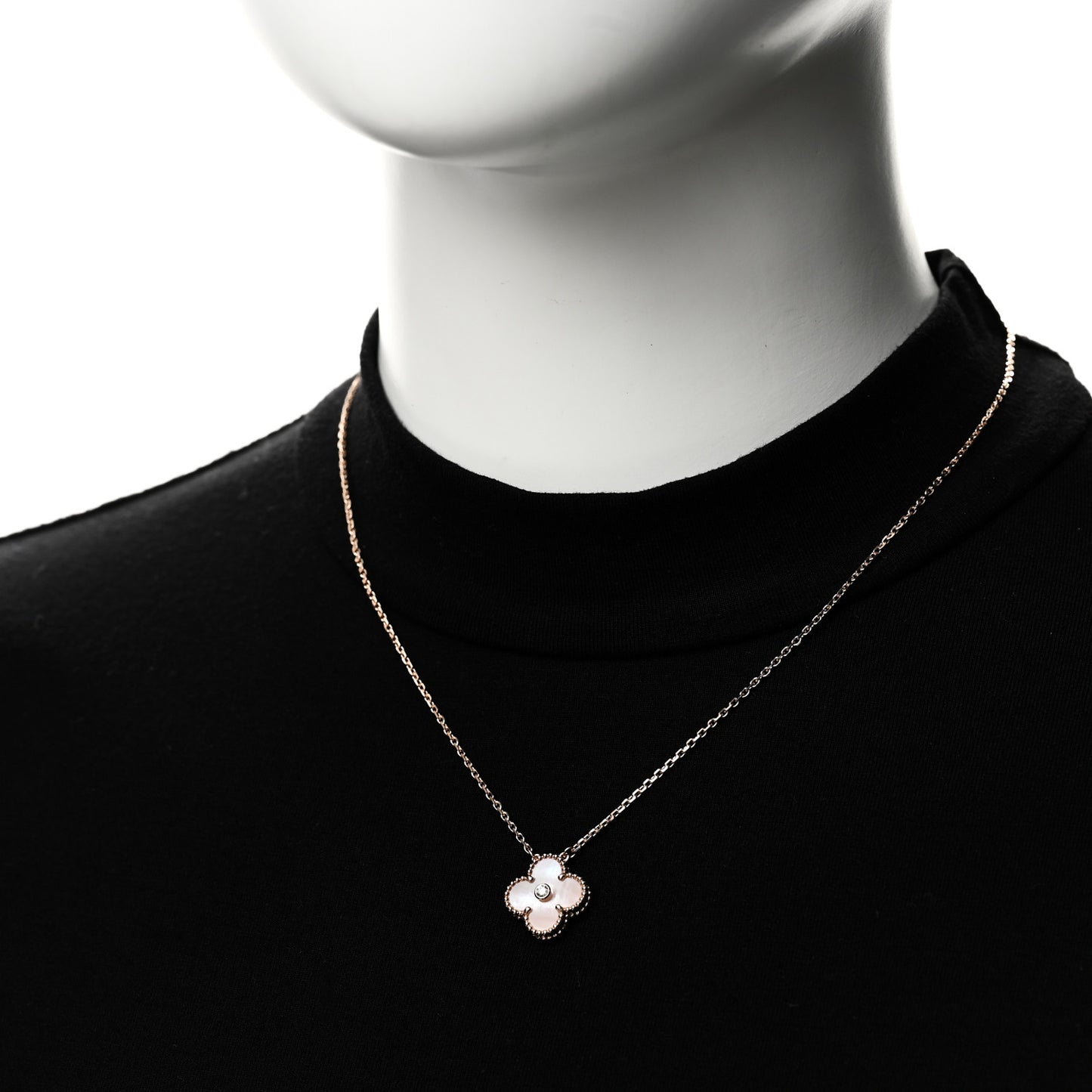 18K Rose Gold Diamond Pink Mother of Pearl Vintage Alhambra Pendant Necklace