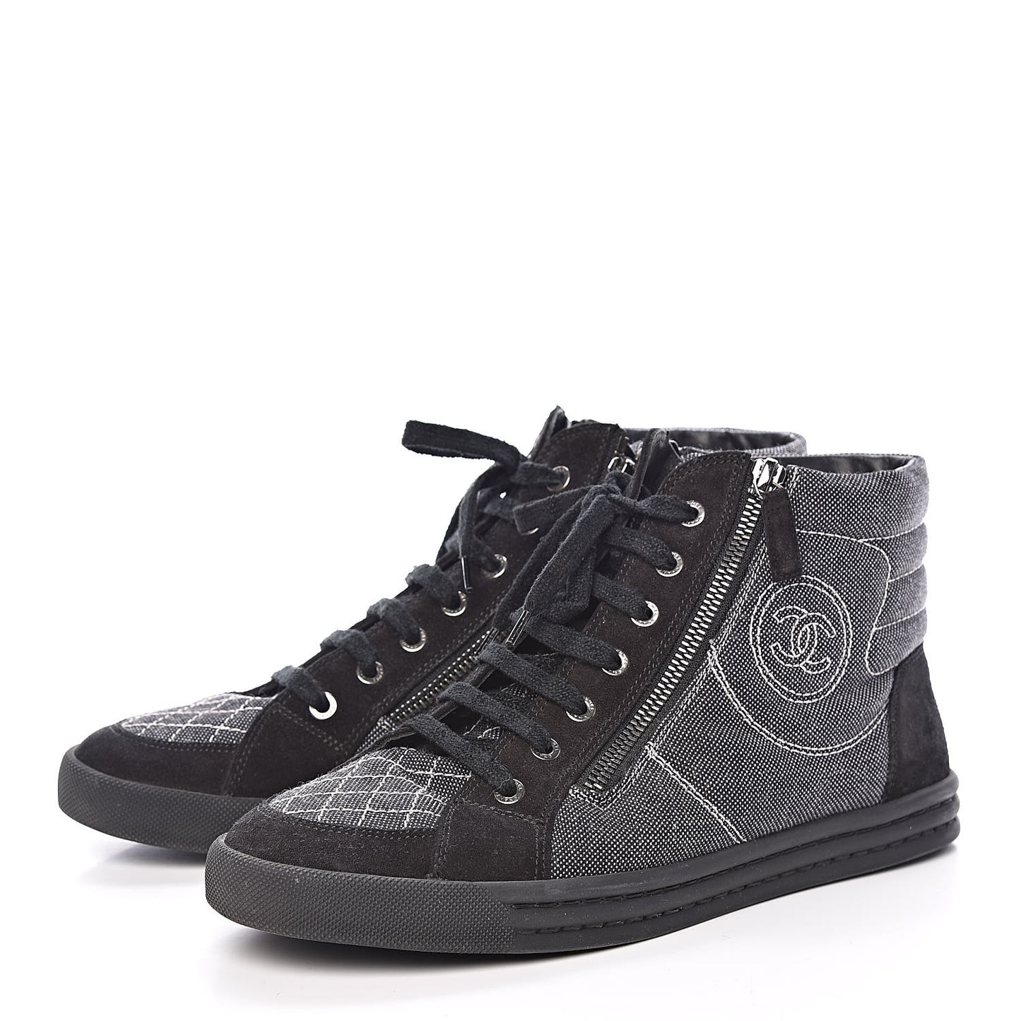 Toile Suede Calfskin CC High Top Sneakers 40 Dark Grey