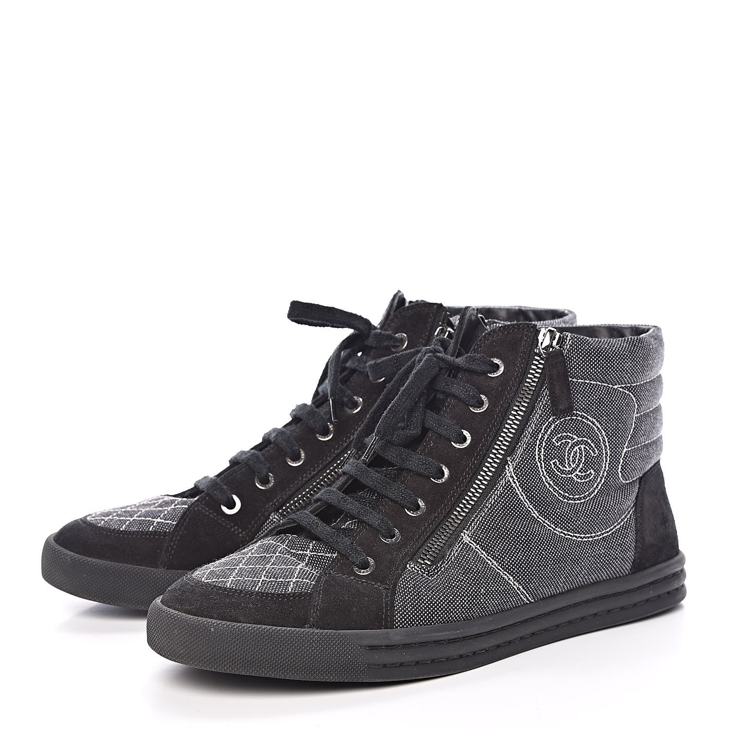 Chanel Toile Suede Calfskin CC High Top Sneakers 40 Dark Grey 3 of 11