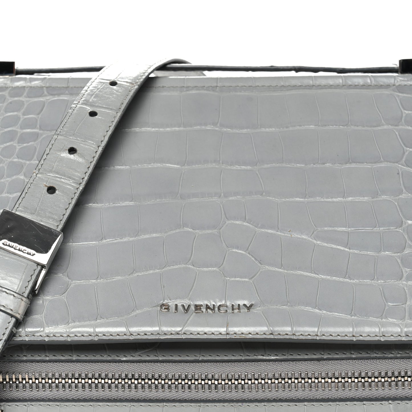 Calfskin Crocodile Embossed Medium Pandora Box Crossbody Bag Grey