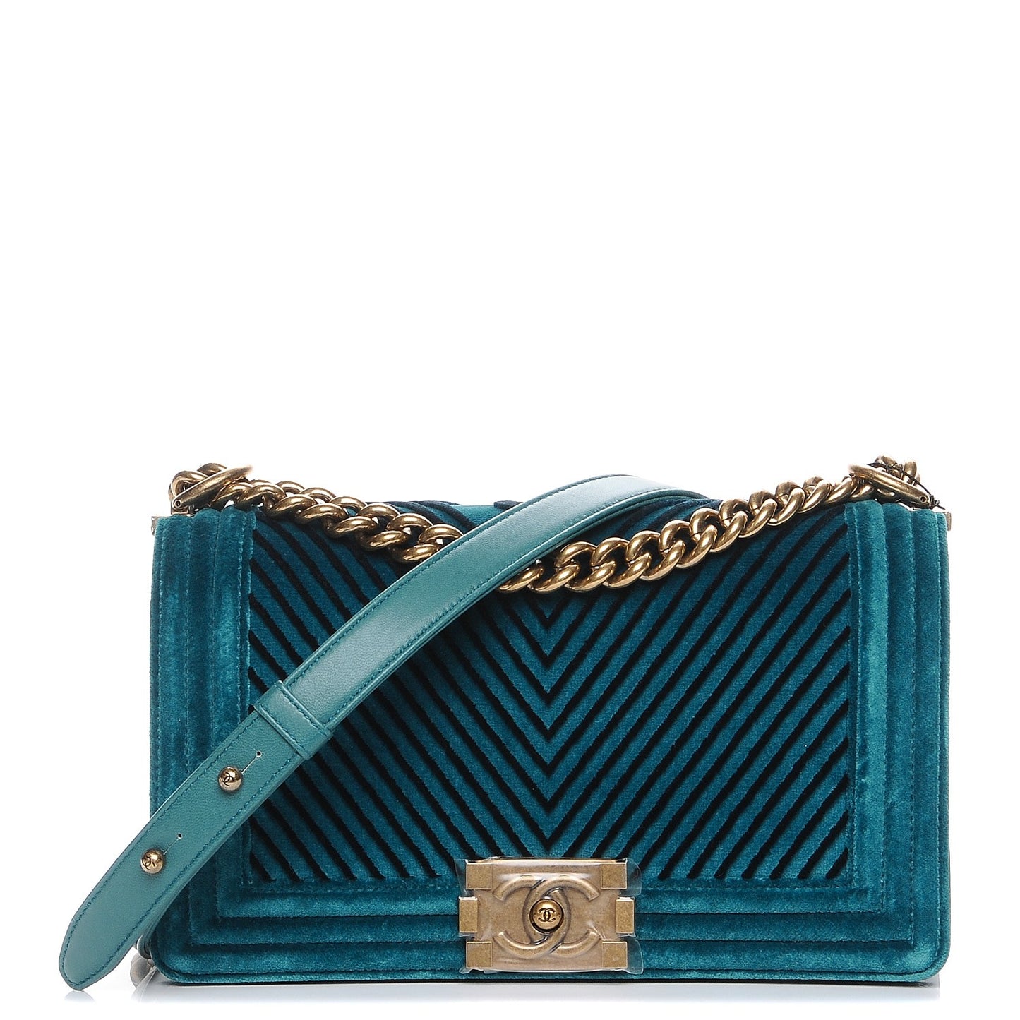 Velvet Chevron Quilted Medium Boy Flap Peacock Blue