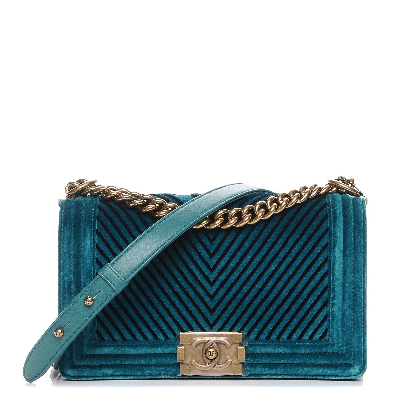 Chanel Velvet Chevron Quilted Medium Boy Flap Peacock Blue 1 of 9