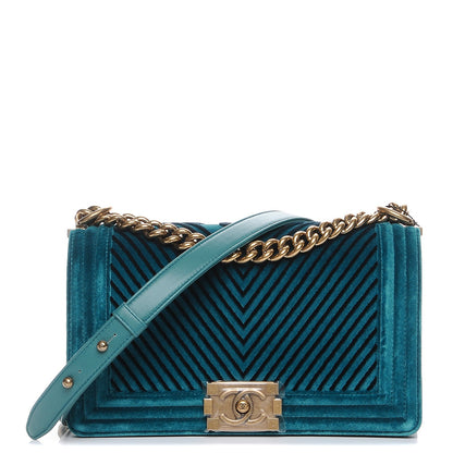 Chanel Velvet Chevron Quilted Medium Boy Flap Peacock Blue 1 of 9