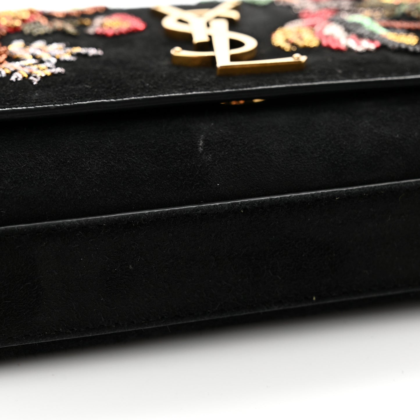 Suede Embroidered Birds Monogram Chain Wallet Black