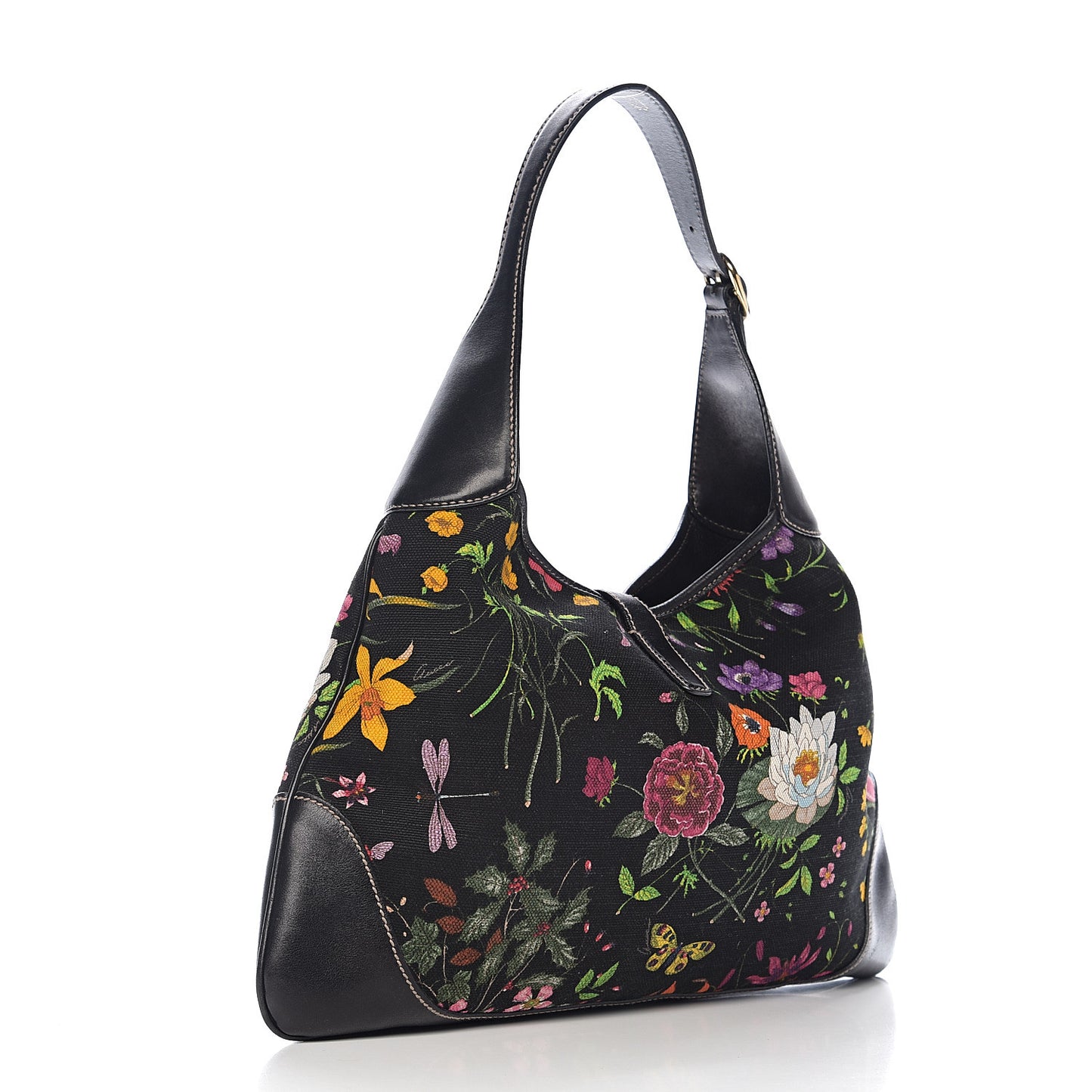 Canvas Floral Flora Medium Jackie O Bouvier Hobo Black