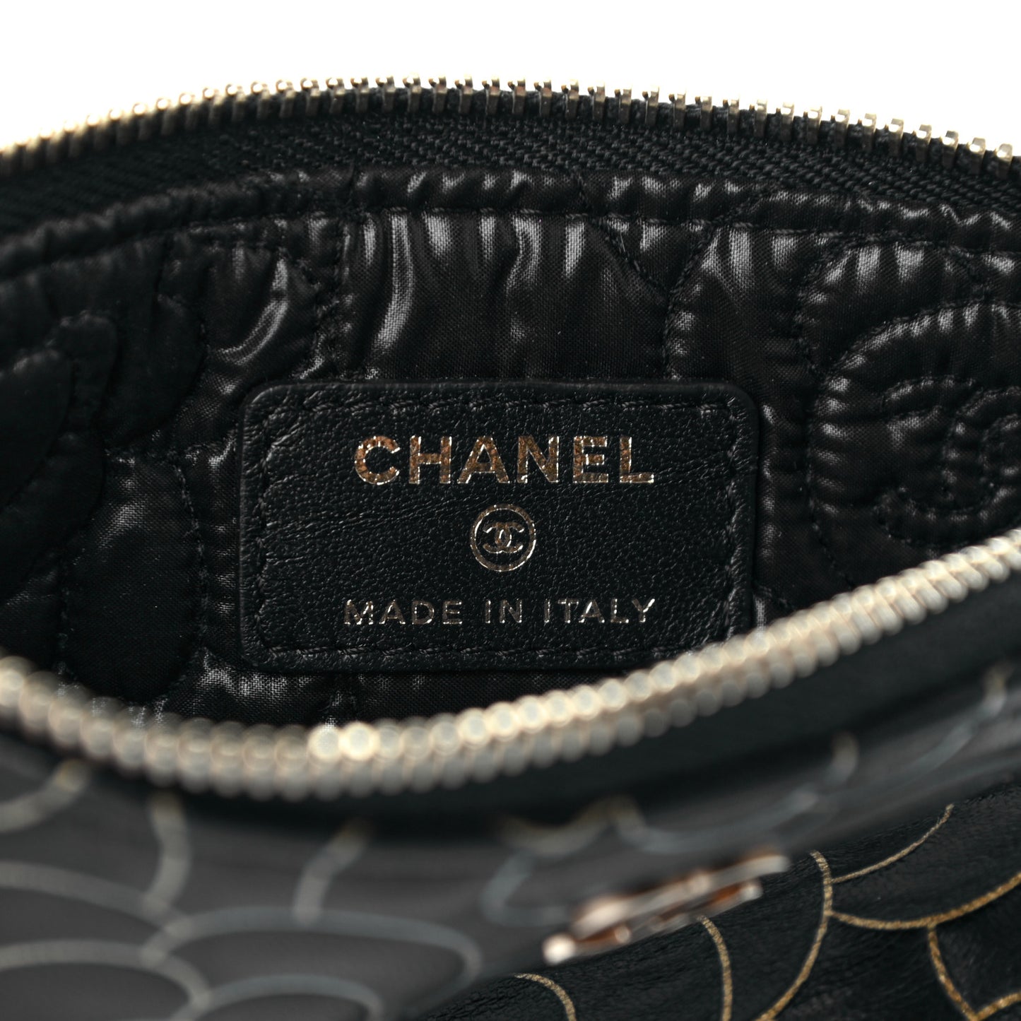 Lambskin Camellia Embossed Small Cosmetic Case Black Gold