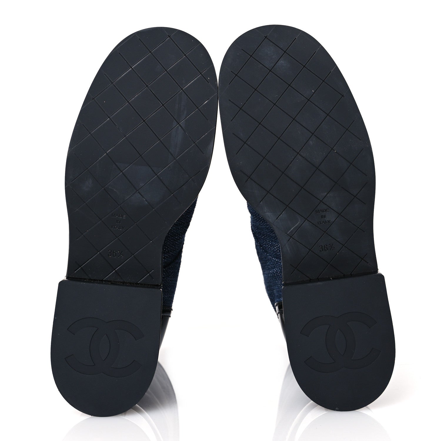 Chanel Denim Patent Lambskin Quilted CC Lace Up Combat Boots 36.5 Navy Blue Black 7 of 10