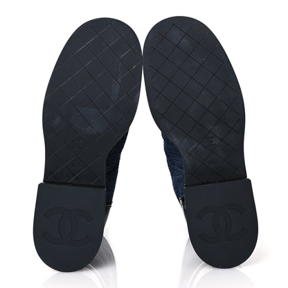 Chanel Denim Patent Lambskin Quilted CC Lace Up Combat Boots 36.5 Navy Blue Black 7 of 10