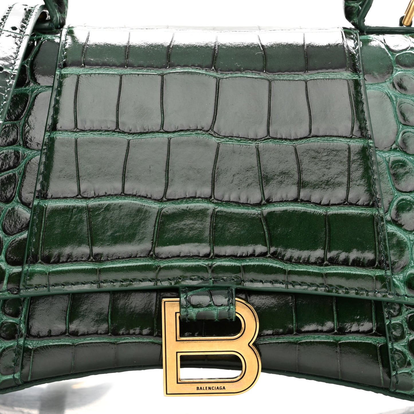 Shiny Calfskin Crocodile Embossed Small Hourglass Top Handle Bag Forest Green