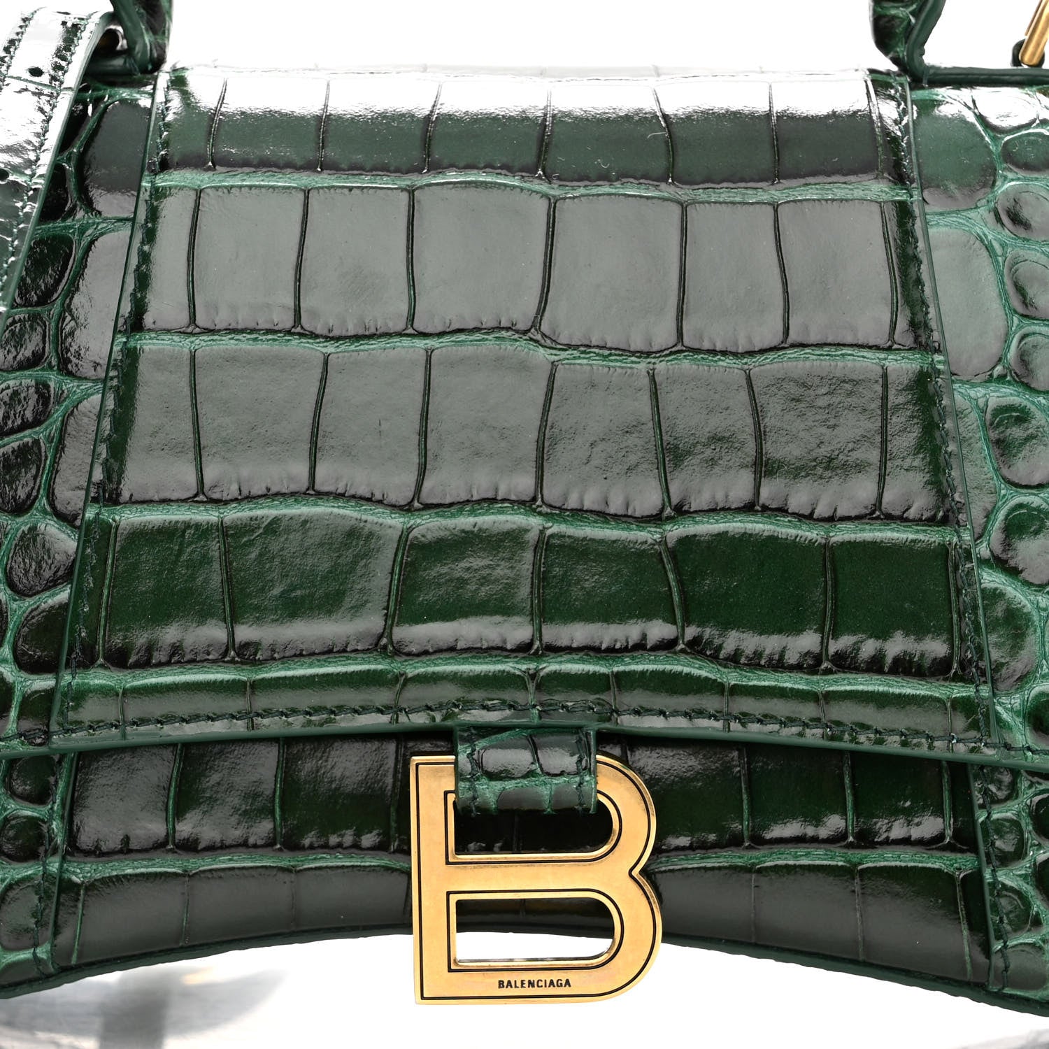 Balenciaga Shiny Calfskin Crocodile Embossed Small Hourglass Top Handle Bag Forest Green 7 of 9