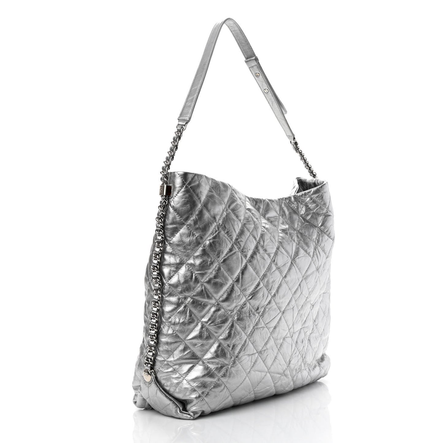 Metallic Crackled Calfskin Quilted Large Big Bang Hobo Silver