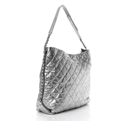 Chanel Metallic Crackled Calfskin Quilted Large Big Bang Hobo Silver 2 of 14