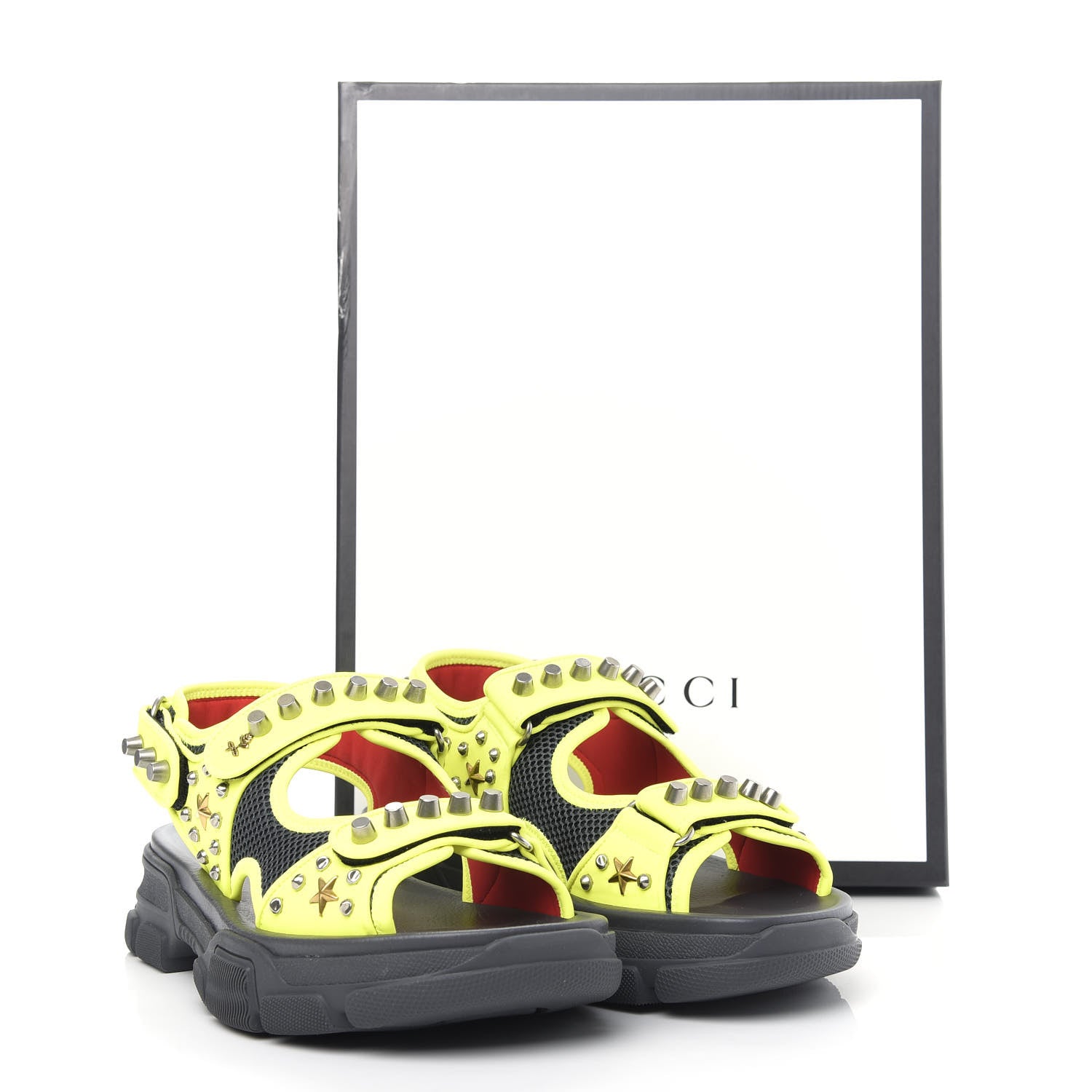 Gucci Technical Canvas Calfskin Studded Mens Aguru Sandals 8 Neon Yellow 11 of 11