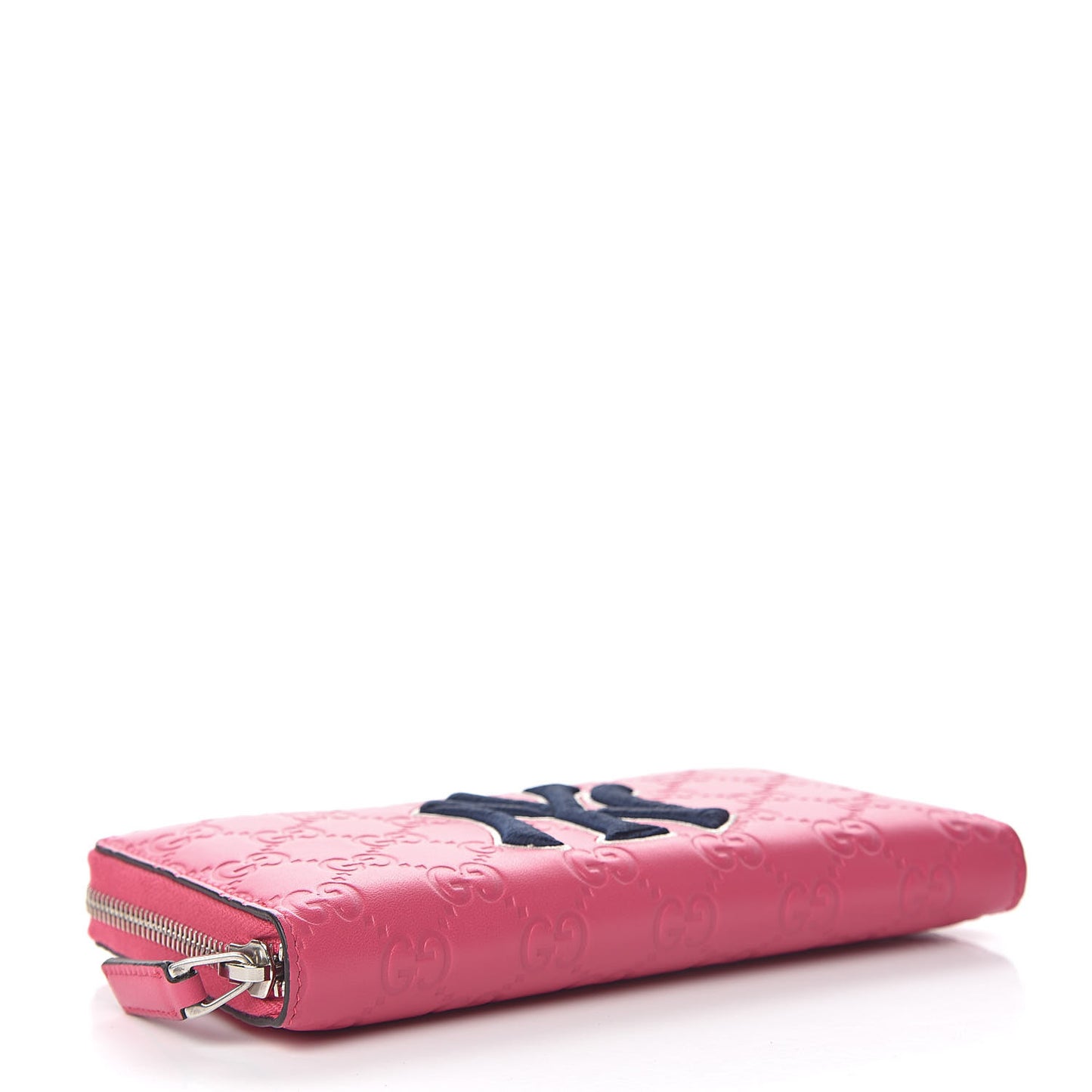 X MLB Guccissima Signature NY Yankees Embroidered Zip Around Wallet Box Pink Blue Ivory