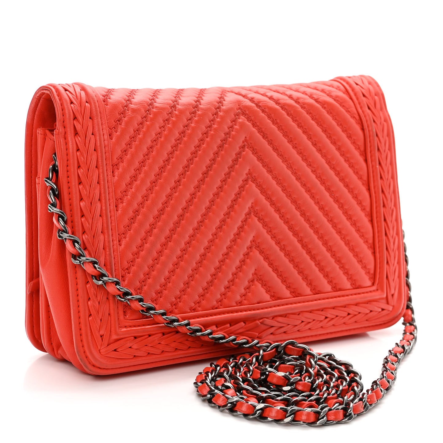 Calfskin Chevron Quilted Braided Boy Wallet On Chain WOC Orange