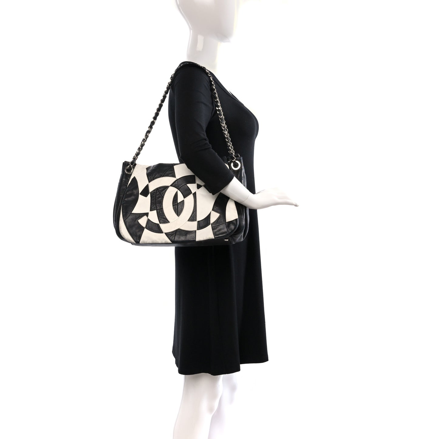 Lambskin Patchwork Accordion Flap Black White