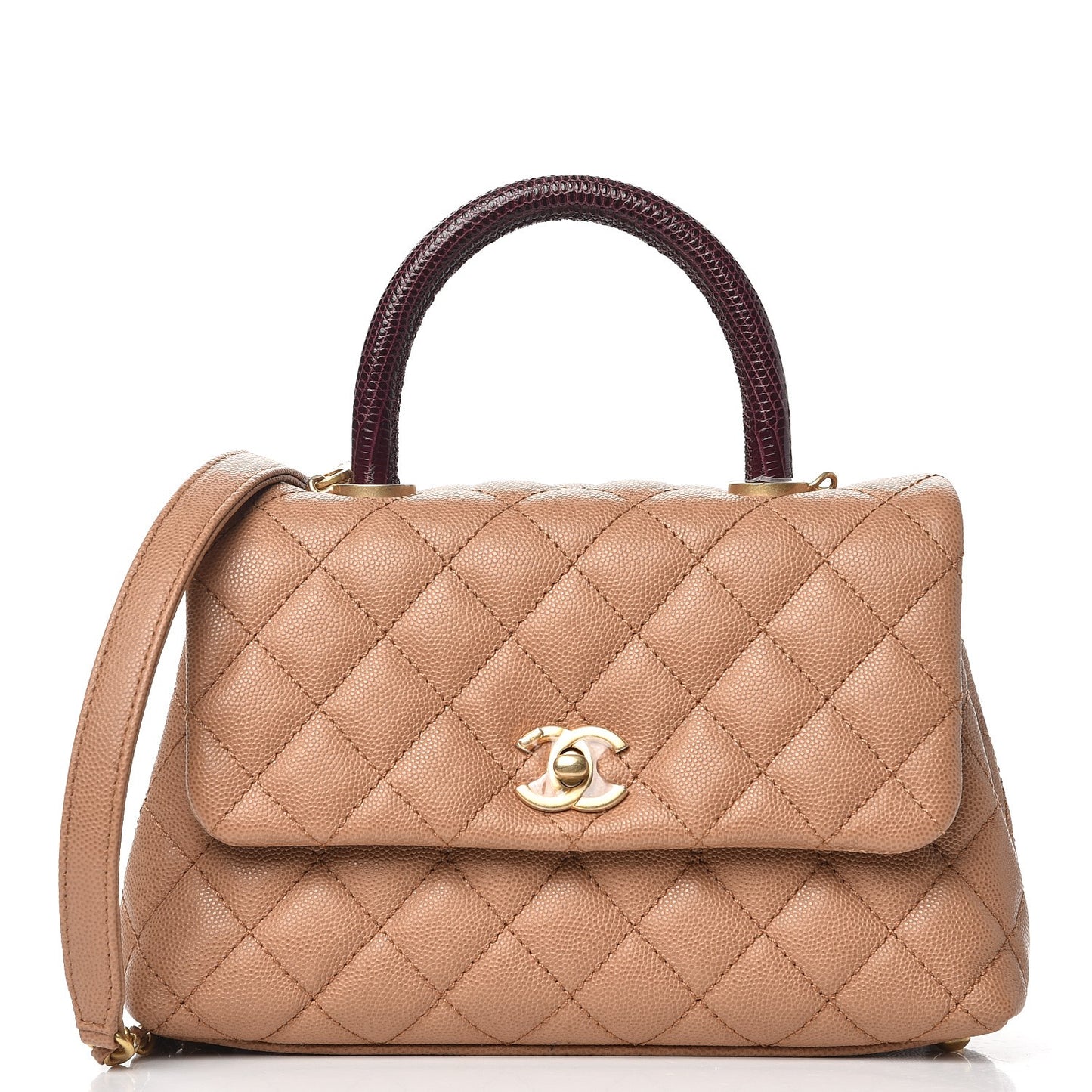 Caviar Lizard Quilted Mini Coco Handle Flap Beige