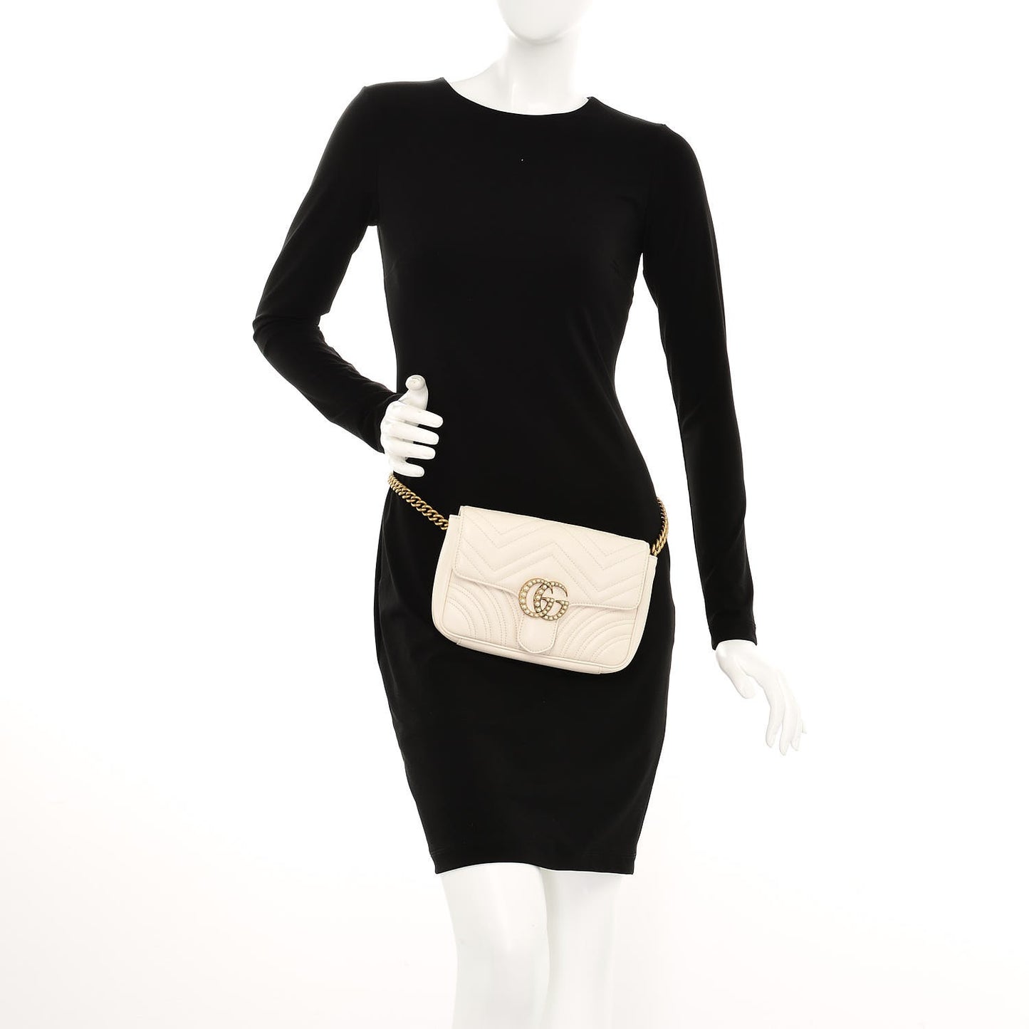 Calfskin Matelasse Pearly GG Marmont Chain Belt Bag Mystic White