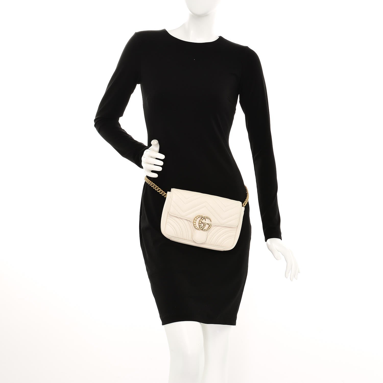 Gucci Calfskin Matelasse Pearly GG Marmont Chain Belt Bag Mystic White 2 of 7