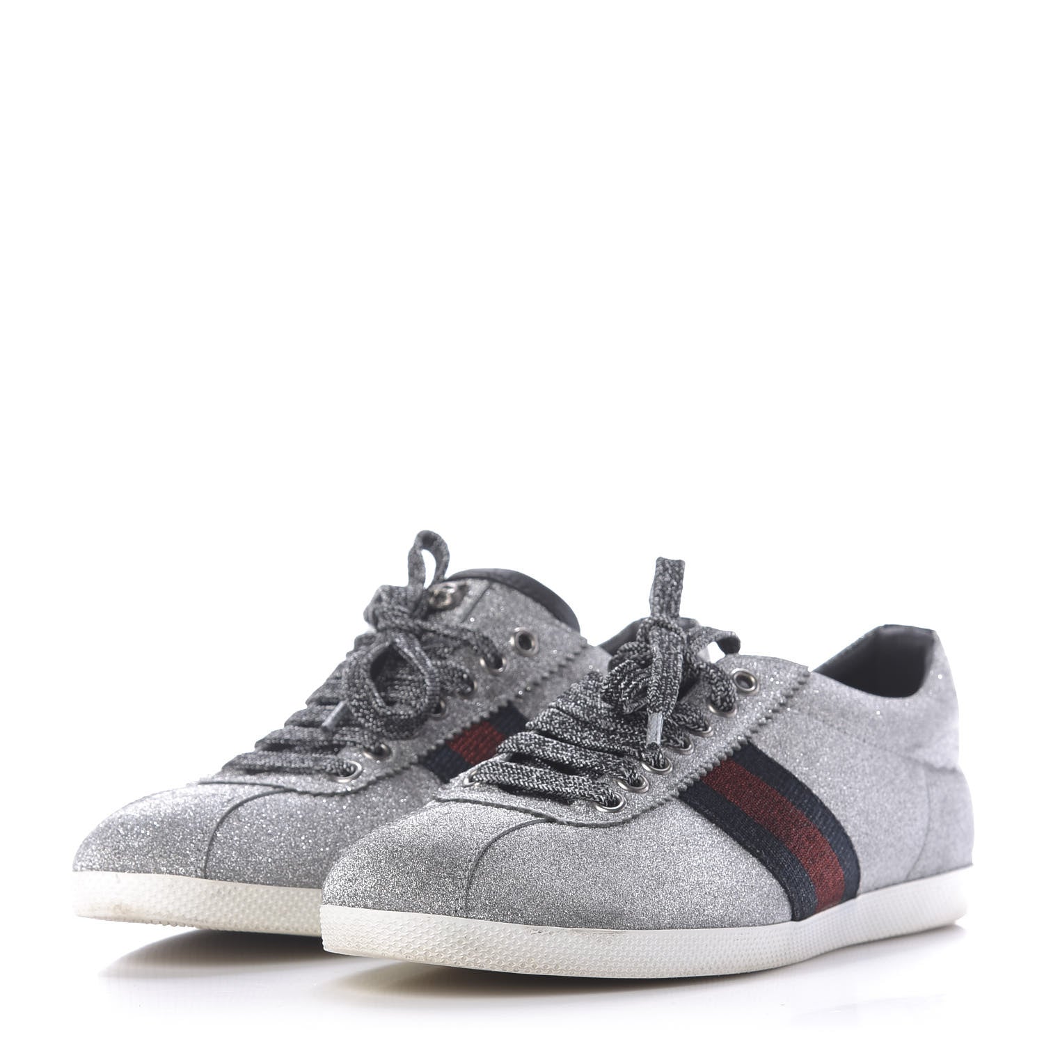 Gucci Glitter Fabric Studded Womens Web Sneakers 39 Silver 3 of 12