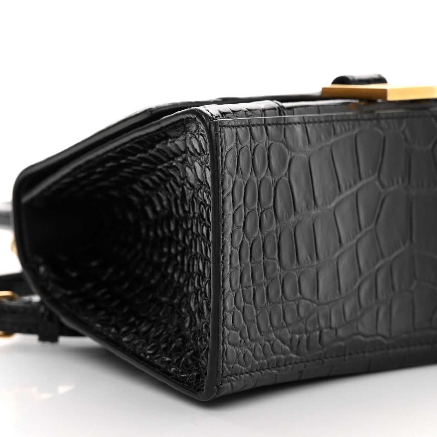 Shiny Calfskin Crocodile Embossed Small Hourglass Top Handle Bag Black