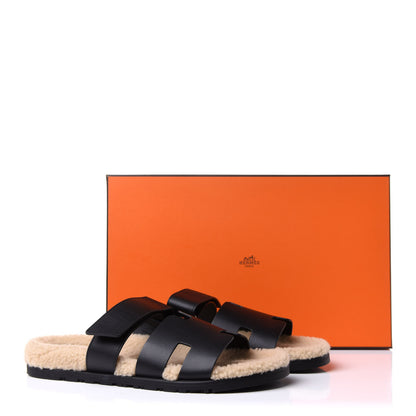 Hermes Calfskin Woolskin Mens Chypre Sandals 42.5 Black Ecru 10 of 10