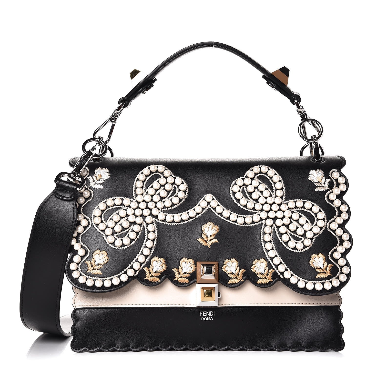 Fendi Vitello Liberty Pearl Bi-Color Flowers and Bows Scalloped Studded Kan I Shoulder Bag Black Camelia 1 of 11
