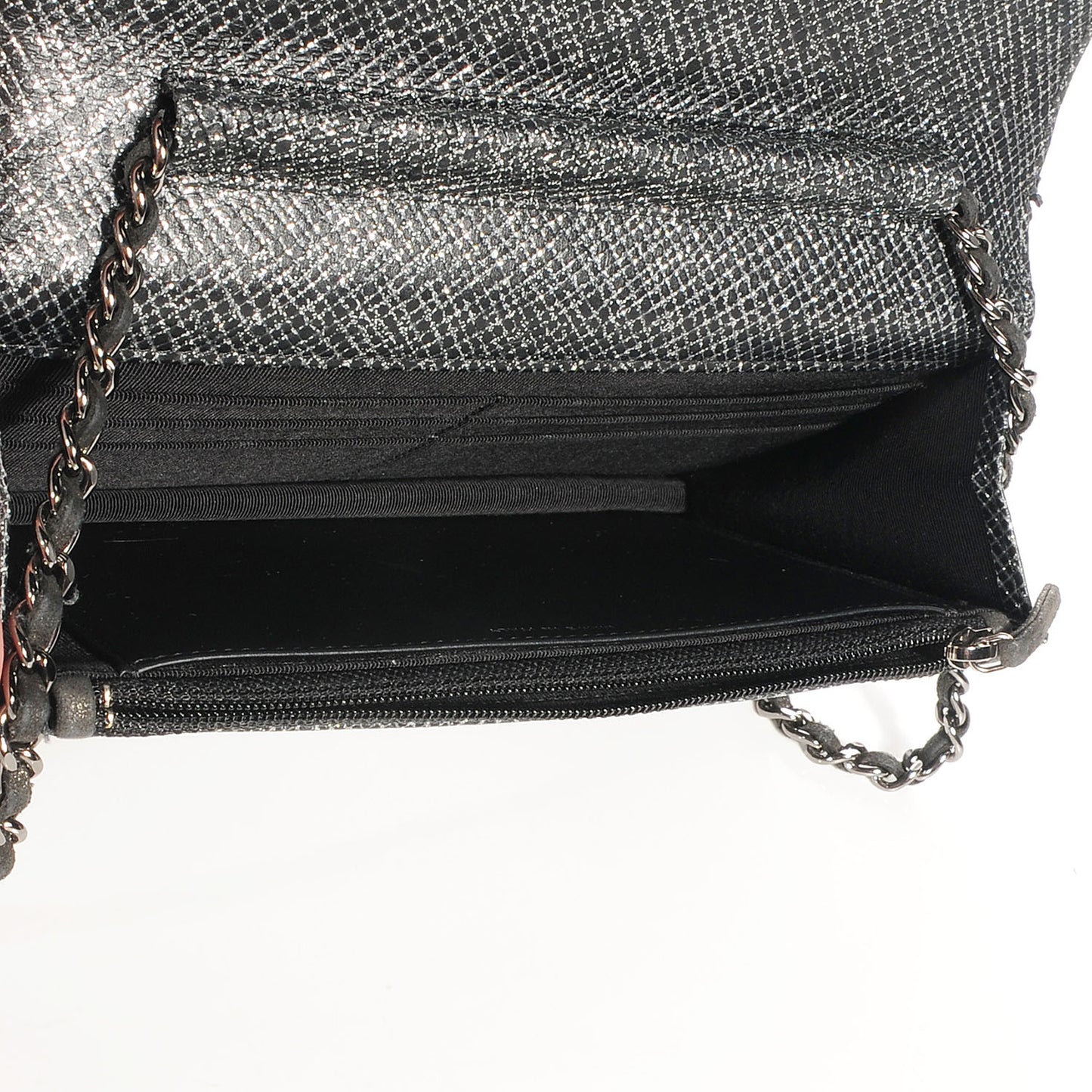Glitter Calfskin Quilted Wallet on Chain WOC Black Silver