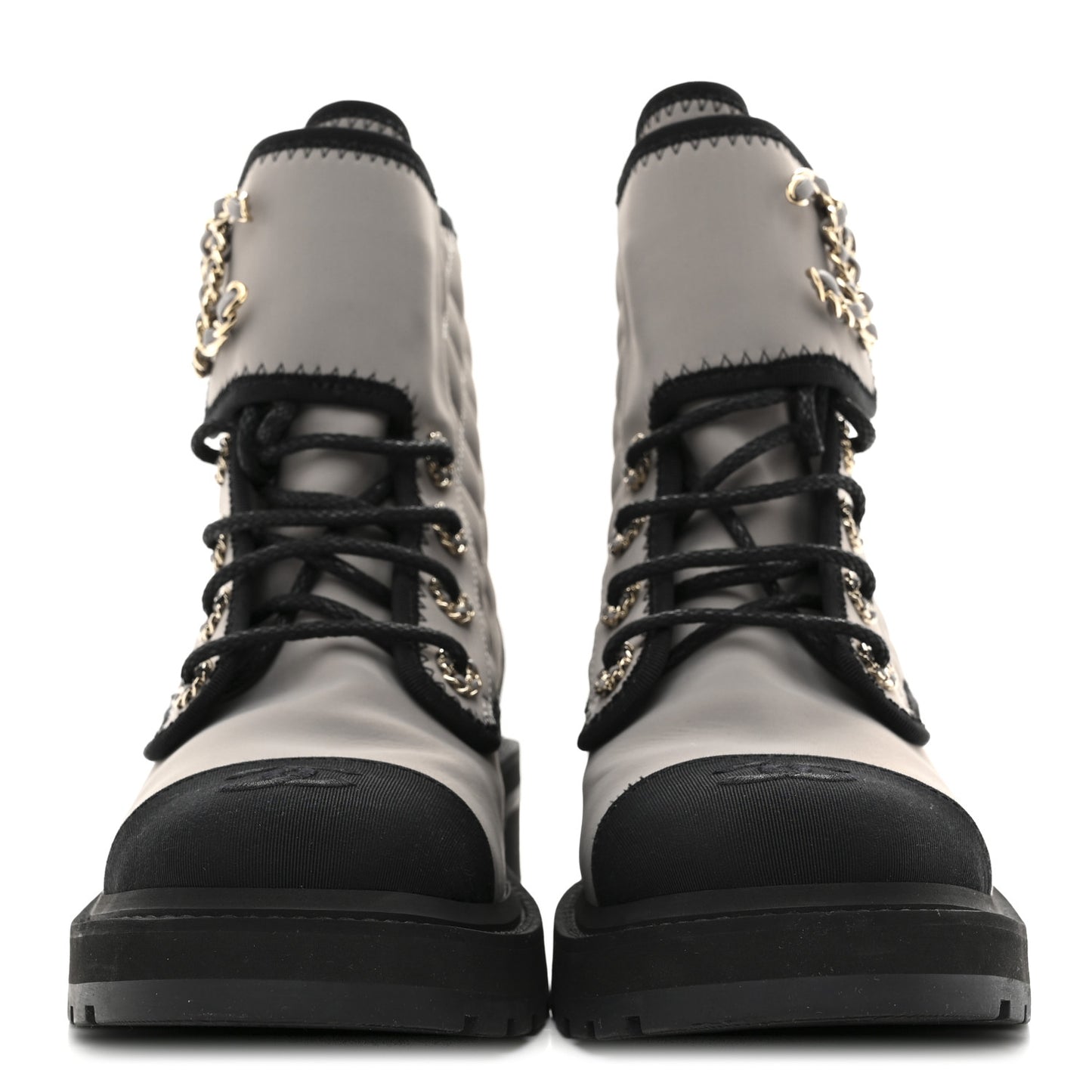 Fabric Grosgrain Quilted Cap Toe Lace Up Combat Boots 39 Grey Black