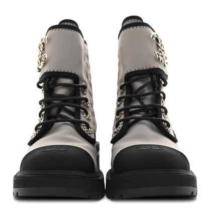 Chanel Fabric Grosgrain Quilted Cap Toe Lace Up Combat Boots 39 Grey Black 3 of 9