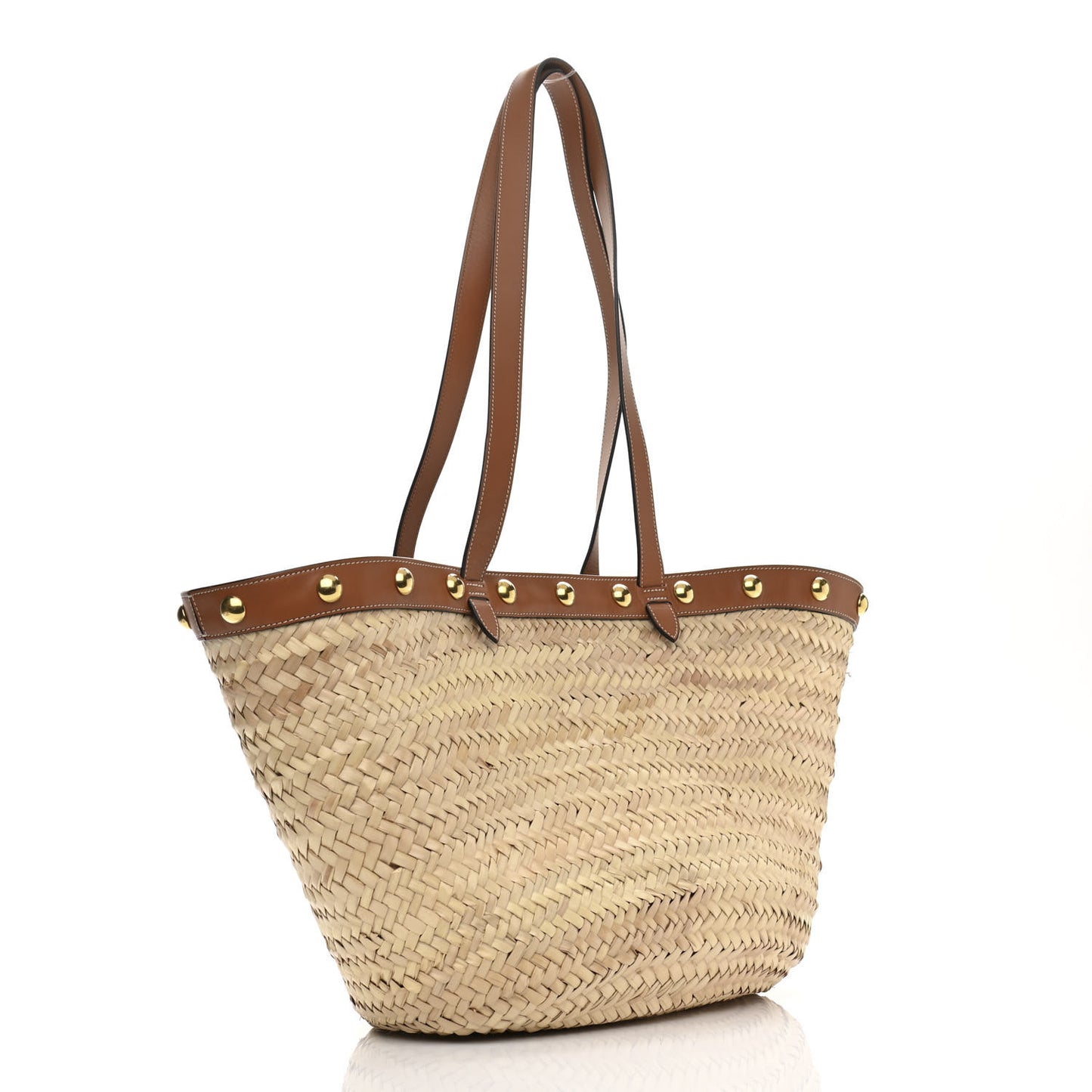 Raffia Calfskin Studs Basket Shoulder Bag Tote Tan
