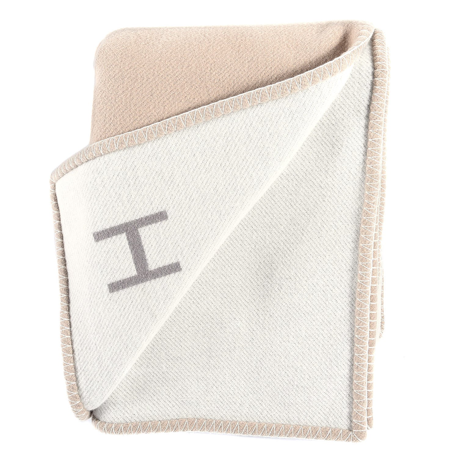 Hermes Wool Cashmere H Casaque Blanket Beige White 4 of 6