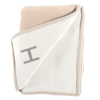Hermes Wool Cashmere H Casaque Blanket Beige White 4 of 6