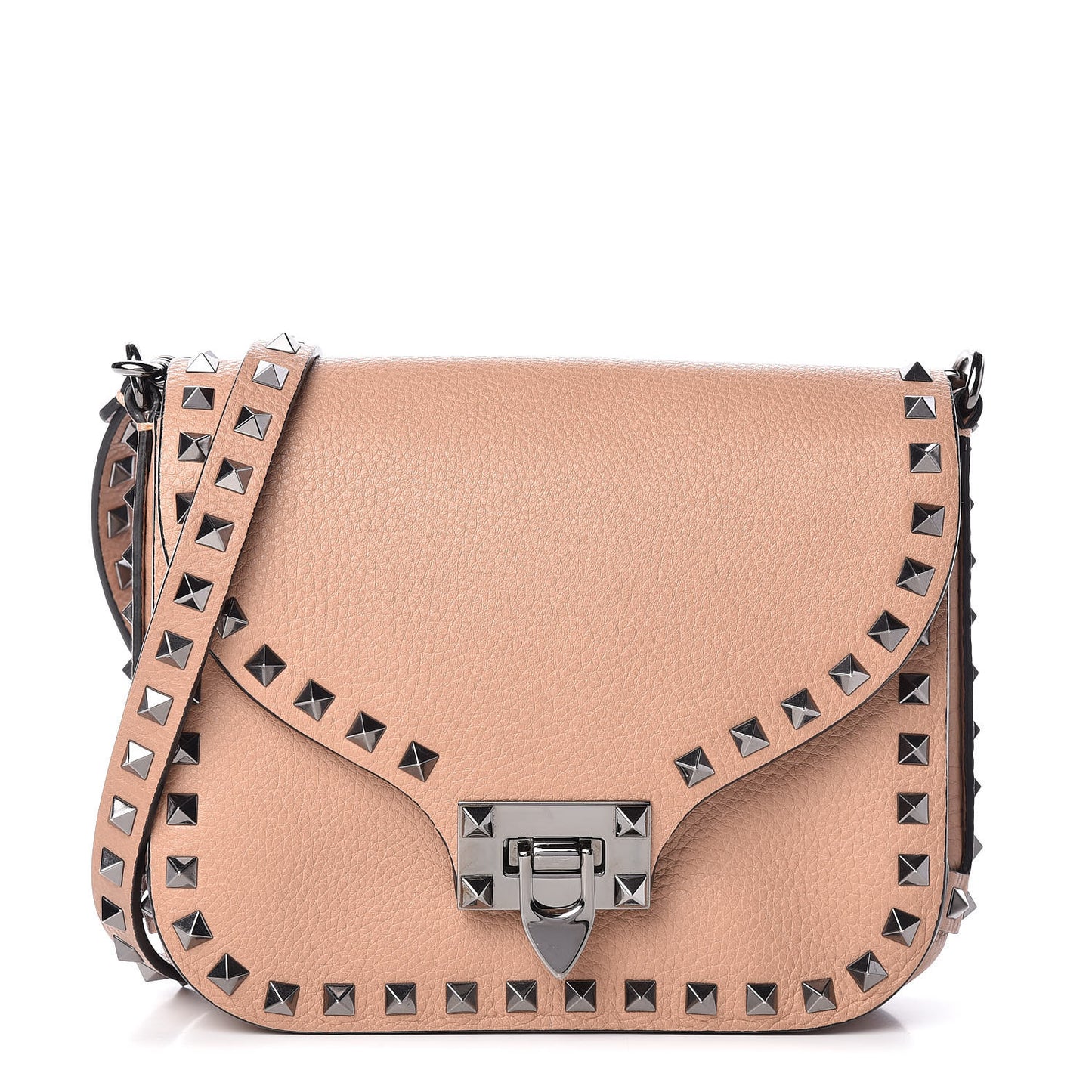 Pebbled Calfskin Rockstud Shoulder Flap Messenger Bag Soft Noisette