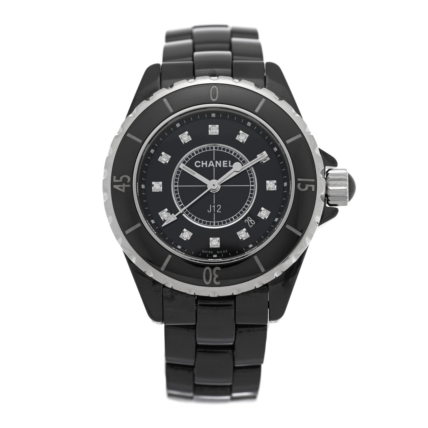 Chanel Stainless Steel Ceramic Diamond 33mm J12 Quartz Watch Black 1 of 4