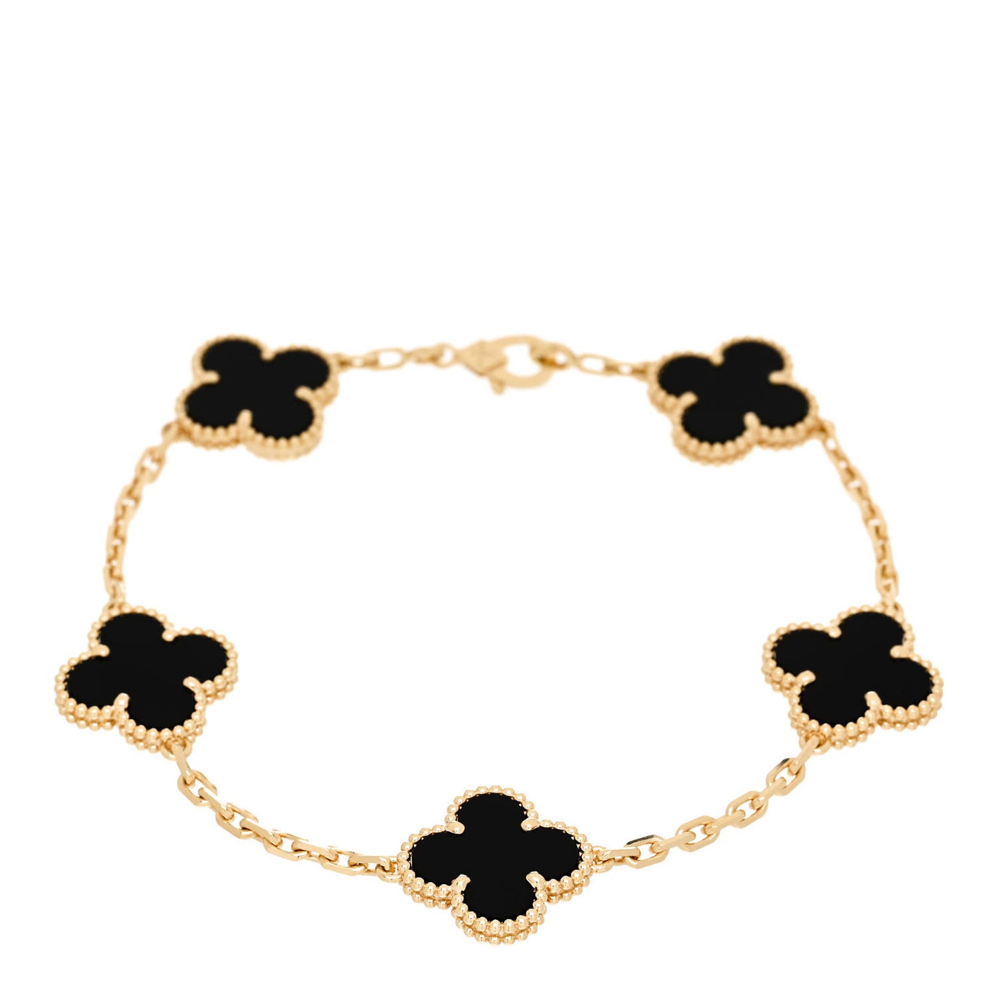 18K Yellow Gold Black Onyx 5 Motifs Vintage Alhambra Bracelet