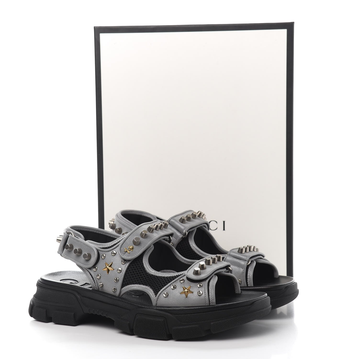 Gucci Technical Canvas Calfskin Reflective Studded Mens Aguru Sandals 12 Silver Black 8 of 8